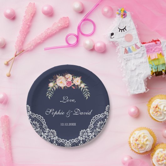 Charm Blush Pink Flowers Lace Navy Wedding Papieren Bordje (Feest)