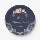 Charm Blush Pink Flowers Lace Navy Wedding Papieren Bordje (Voorkant)