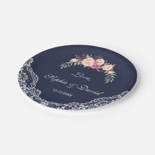 Charm Blush Pink Flowers Lace Navy Wedding Papieren Bordje (Gekanteld)