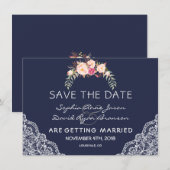 Charm Blush Pink Flowers Lace Navy Wedding Save The Date (Voorkant / Achterkant)