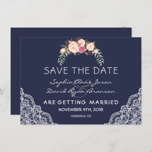 Charm Blush Pink Flowers Lace Navy Wedding Save The Date (Voorkant / Achterkant)
