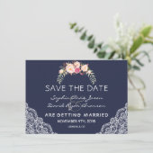 Charm Blush Pink Flowers Lace Navy Wedding Save The Date (Staand voorkant)