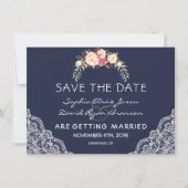 Charm Blush Pink Flowers Lace Navy Wedding Save The Date (Voorkant)