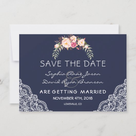 Charm Blush Pink Flowers Lace Navy Wedding Save The Date (Voorkant)