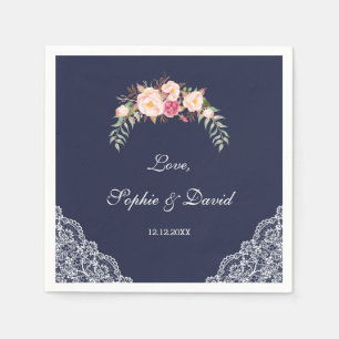 Charm Blush Pink Flowers Lace Navy Wedding Servet