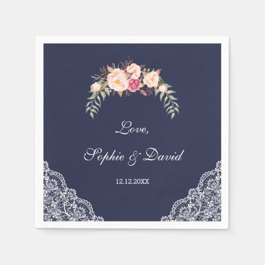 Charm Blush Pink Flowers Lace Navy Wedding Servet (Voorkant)