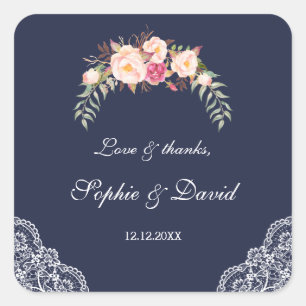 Charm Blush Pink Flowers Lace Navy Wedding Vierkante Sticker