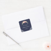 Charm Blush Pink Flowers Lace Navy Wedding Vierkante Sticker (Envelop)