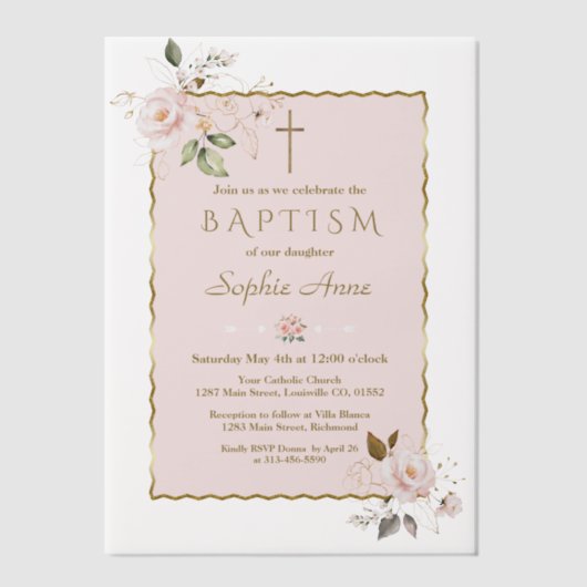Charm Blush Pink Gold Flowers Girl Baptism Vellum Uitnodigingen (Voorkant)