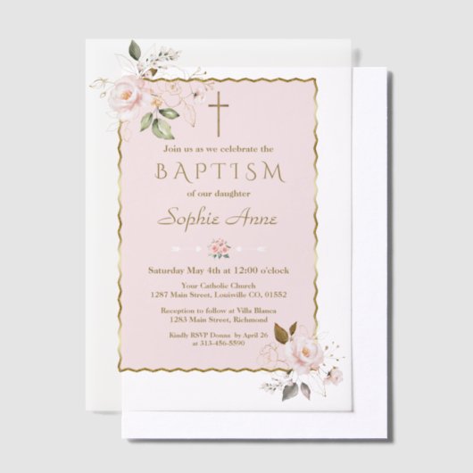 Charm Blush Pink Gold Flowers Girl Baptism Vellum Uitnodigingen (Offset)