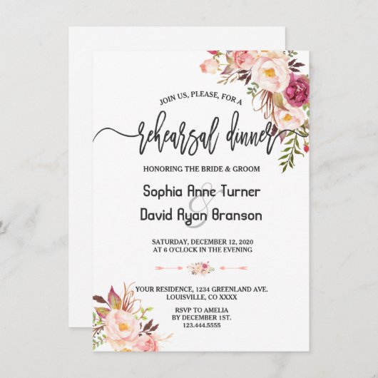 Charm Blush Rood Roze Bloemen Repetitie diner Kaart (Voorkant / Achterkant)