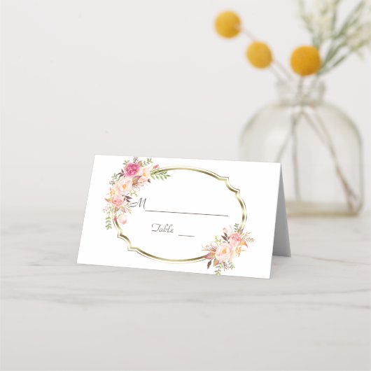 Charm Blush Roze Bloemen Goud Trouwtafel Nummer Plaatskaartje (Voorkant)