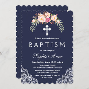 Charm Blush Roze Bloemen Kant Marine Doop Kaart