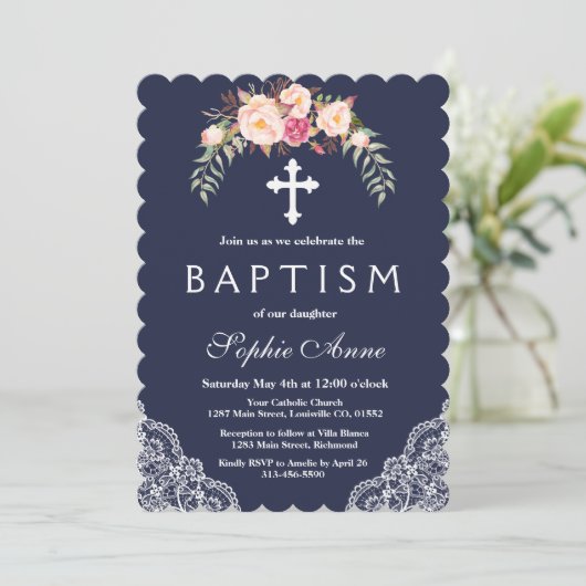 Charm Blush Roze Bloemen Kant Navy Doop Kaart (Staand voorkant)