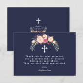 Charm Blush Roze Bloemen Marine Blauw Meisje Doop Bedankkaart (Voorkant / Achterkant)