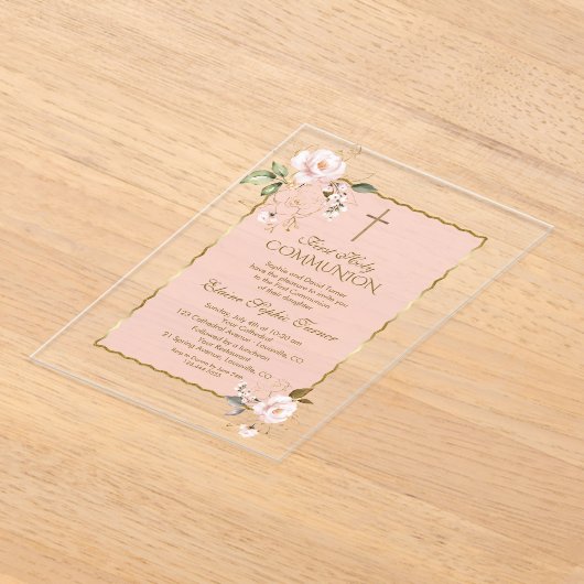 Charm Blush Roze Goud Bloemen Kruis Heilige Commun Acryl Uitnodigingen (Laagn)