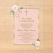 Charm Blush Roze Goud Bloemen Kruis Heilige Commun Acryl Uitnodigingen (Voorkant)