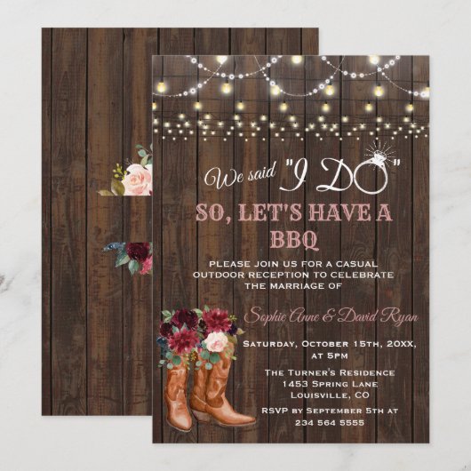 Charm Bordeaux Roze Cowboylaarzen Na I DO BBQ Kaart (Voorkant / Achterkant)