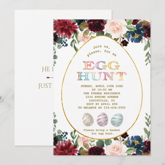 Charm Bourgogne Blauwe Bloemen Gouden Ei Hunt Pase Kaart (Voorkant / Achterkant)