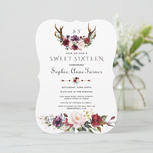 Charm Bourgogne Plum Blush Bloemgewei Zoet 16 Kaart (Staand voorkant)