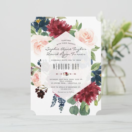 Charm Bourgondië Bloem Hexagonaal Lijstje Trouwfee Kaart (Staand voorkant)