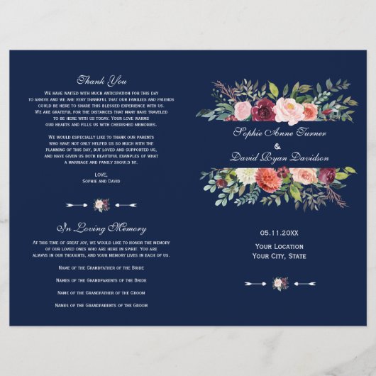 Charm Bourgondië Bloemen Lijst Donkerblauw Program (Voorkant)