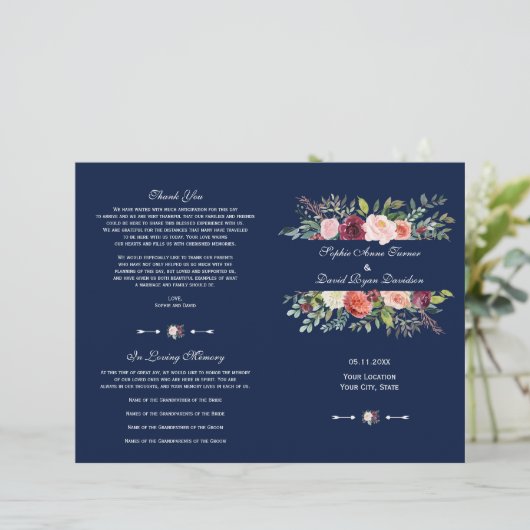 Charm Bourgondië Bloemen Lijst Donkerblauw Program (Staand voorkant)