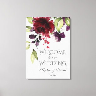 Charm Bourgondië Paarse Bloemen Welkom Trouwbord Canvas Afdruk
