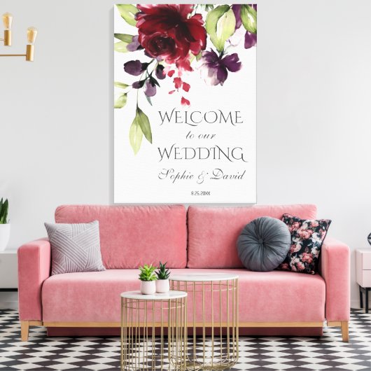 Charm Bourgondië Paarse Bloemen Welkom Trouwbord Canvas Afdruk (Insitu (Woonkamer))