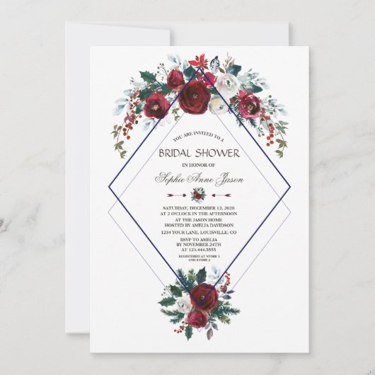 Charm Burgundy Bloem Navy Blauwe Bruiloft Feest Kaart (Voorkant)