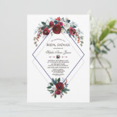 Charm Burgundy Bloem Navy Blauwe Bruiloft Feest Kaart (Staand voorkant)