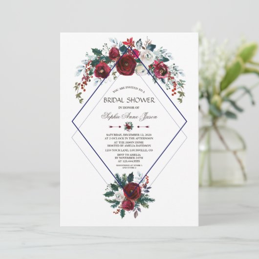 Charm Burgundy Bloem Navy Blauwe Bruiloft Feest Kaart (Staand voorkant)