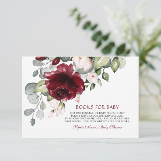 Charm Burgundy Bloemen Boeken Voor Baby Shower Informatiekaartje (Staand voorkant)