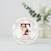 Charm Burgundy Bloemen Goud Marmer Foto Verjaardag Save The Date (Staand voorkant)