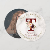 Charm Burgundy Bloemen Goud Marmer Foto Verjaardag Save The Date (Voorkant / Achterkant)