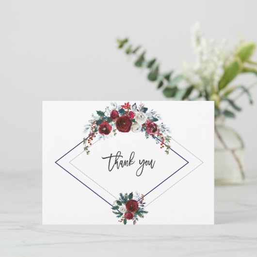 Charm Burgundy Bloemendecor Navy Trouw Dank je Bedankkaart (Staand voorkant)