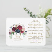 Charm Burgundy Blue Waterverf Flowers Wedding Kaart (Staand voorkant)