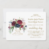 Charm Burgundy Blue Waterverf Flowers Wedding Kaart (Voorkant)