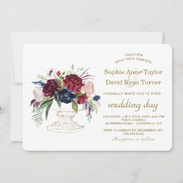 Charm Burgundy Blue Waterverf Flowers Wedding Kaart