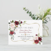 Charm Burgundy Blush Bloemen Gouden Frame Huwelijk Save The Date (Staand voorkant)