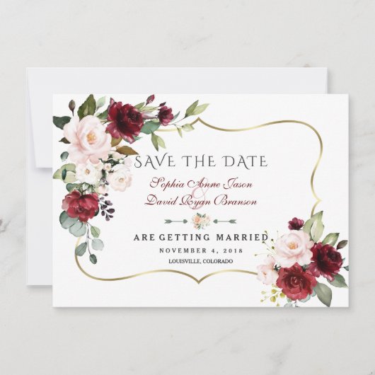 Charm Burgundy Blush Bloemen Gouden Frame Huwelijk Save The Date (Voorkant)