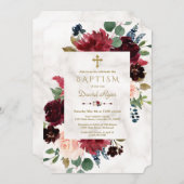 Charm Burgundy Blush Bloemen Kruis Marmer Doop Kaart (Voorkant / Achterkant)