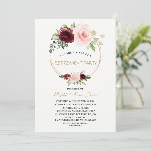 Charm Burgundy Blush Bloemrijke Gouden Pensioenfee Kaart (Staand voorkant)