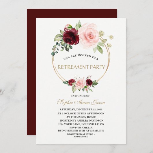 Charm Burgundy Blush Bloemrijke Gouden Pensioenfee Kaart (Voorkant / Achterkant)