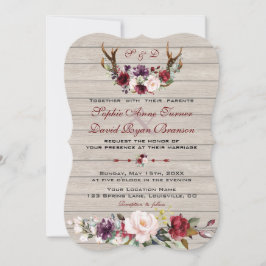 Charm Burgundy Blush Floral Antlers Barn Wedding Kaart