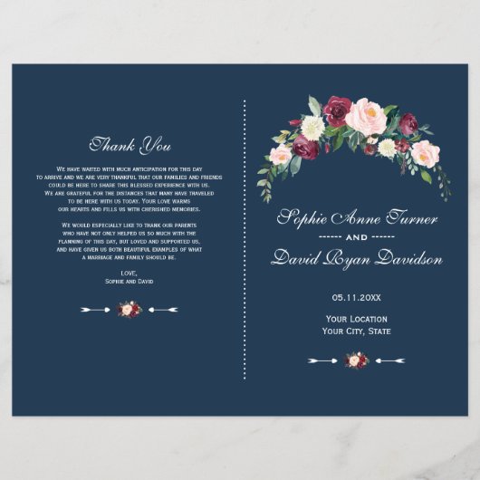 Charm Burgundy Blush Floral Blue Wedding Programme Flyer (Voorkant)