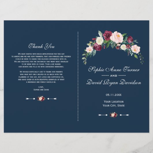 Charm Burgundy Blush Floral Blue Wedding Programme Flyer (Voorkant)