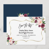 Charm Burgundy Blush Floral Gold Save the Date (Voorkant / Achterkant)