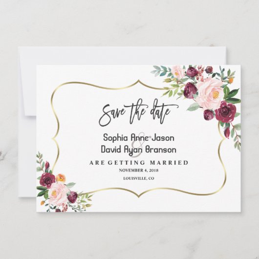 Charm Burgundy Blush Floral Gold Save the Date (Voorkant)