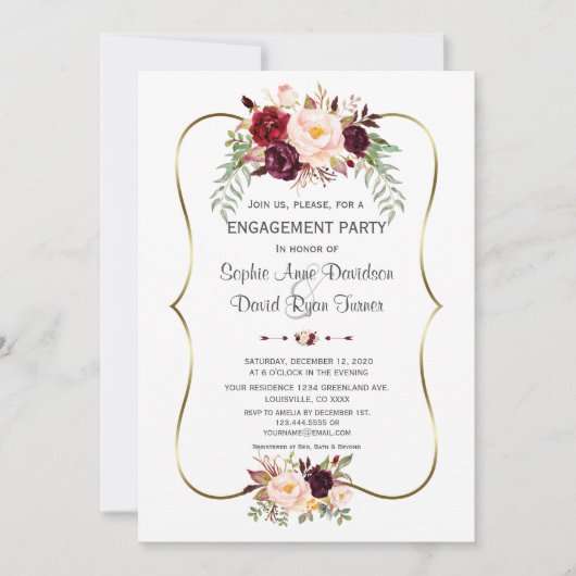 Charm Burgundy Blush Floral Gold Verloving Kaart (Voorkant)